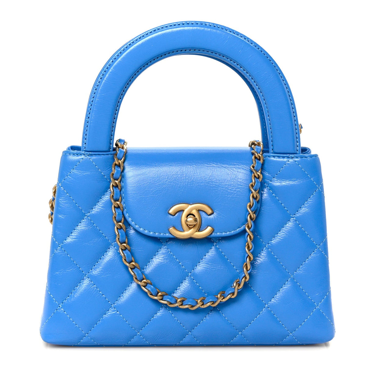 Shiny Aged Calfskin Quilted Nano Kelly Shopper Blue