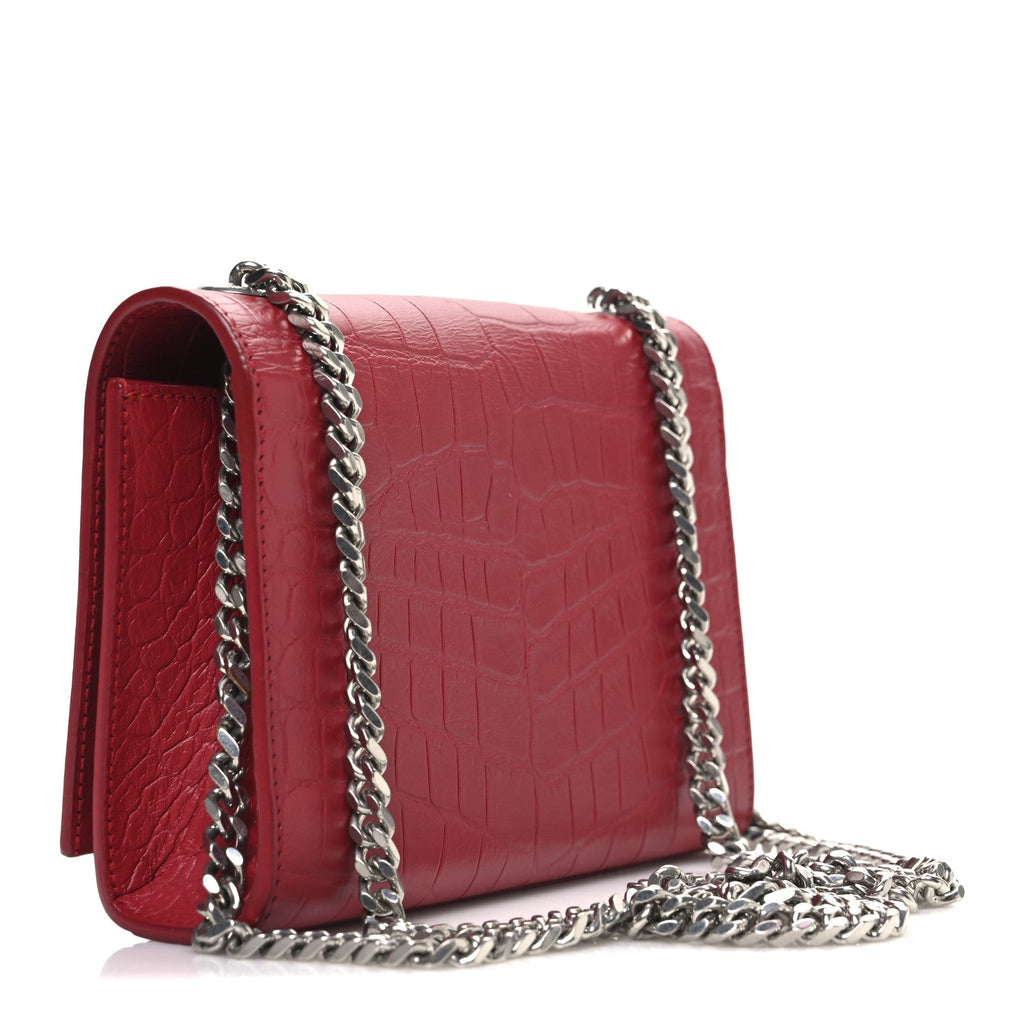 Calfskin Crocodile Embossed Small Classic Monogram Kate Tassel Satchel Red