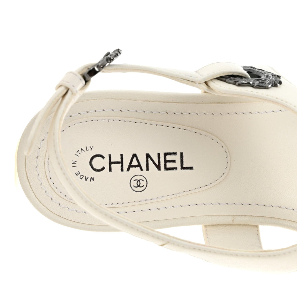 Lambskin CC Leaf Thong Sandals 36 White