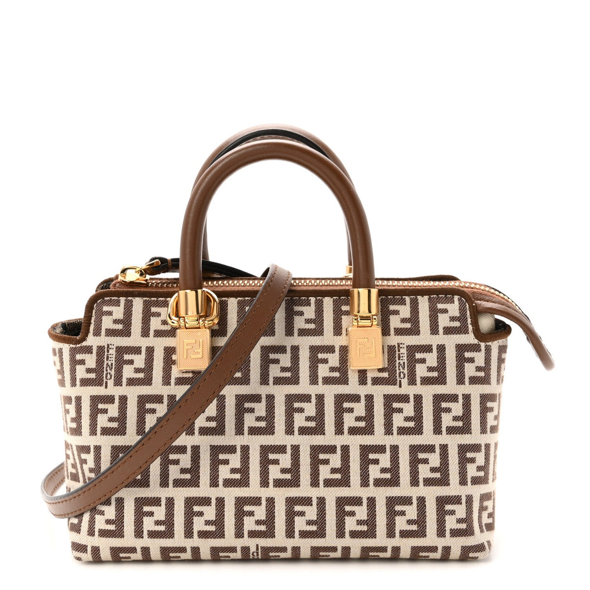 Vitello Grace Jacquard FF Mini By The Way Top Handle Boston Bag  Gianduia Panna