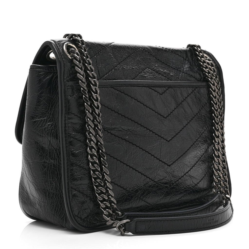 Crinkled Calfskin Matelasse Monogram Medium Niki Chain Satchel Black