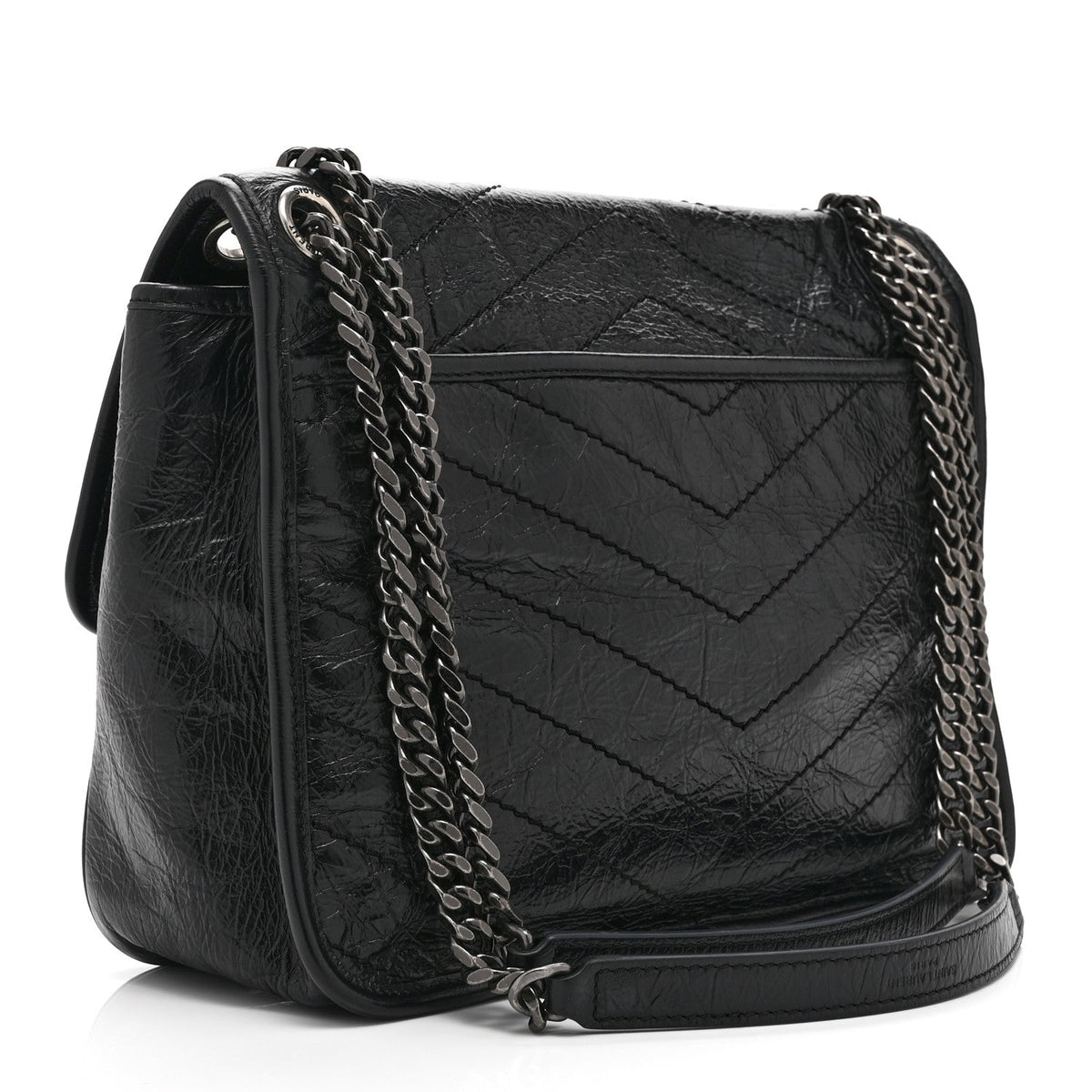 Crinkled Calfskin Matelasse Monogram Medium Niki Chain Satchel Black