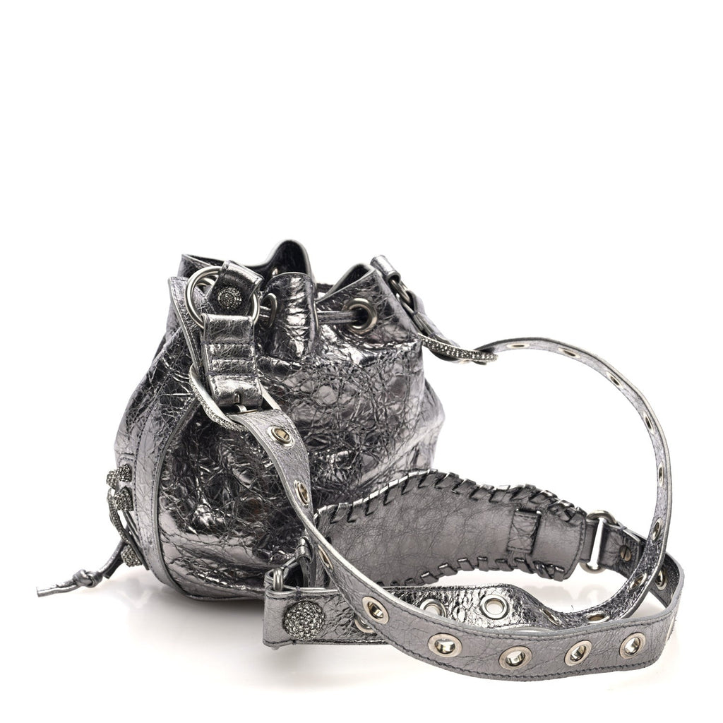 Metallic Agneau Arena Crystal Le Cagole Bucket Bag XS Silver