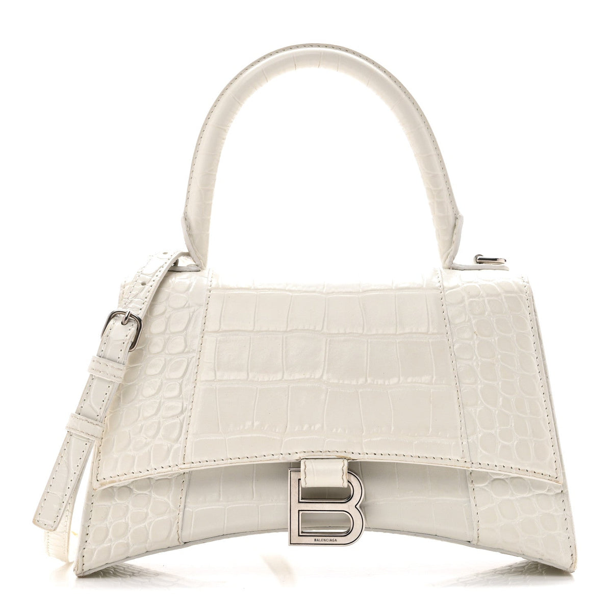 Calfskin Crocodile Embossed Small Hourglass Top Handle Bag White White
