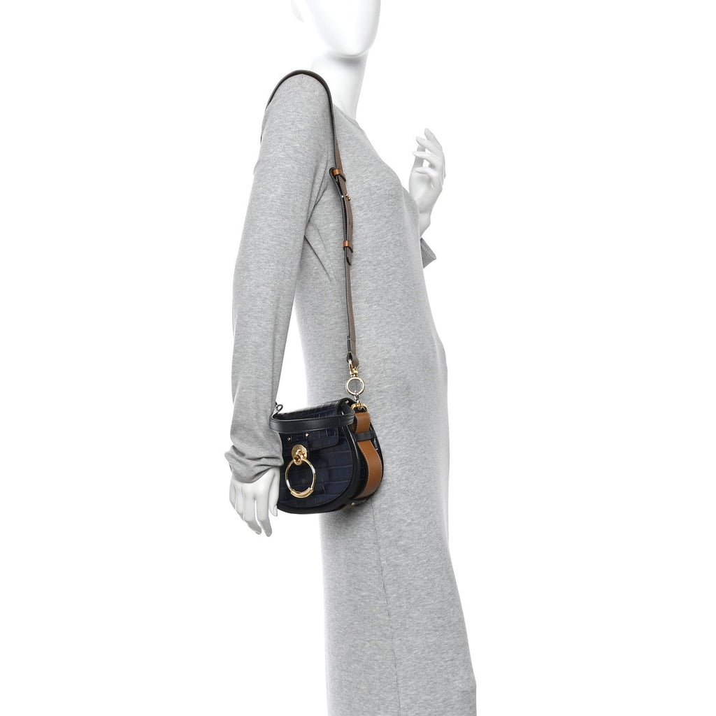 Calfskin Crocodile Embossed Small Tess Bag Full Blue