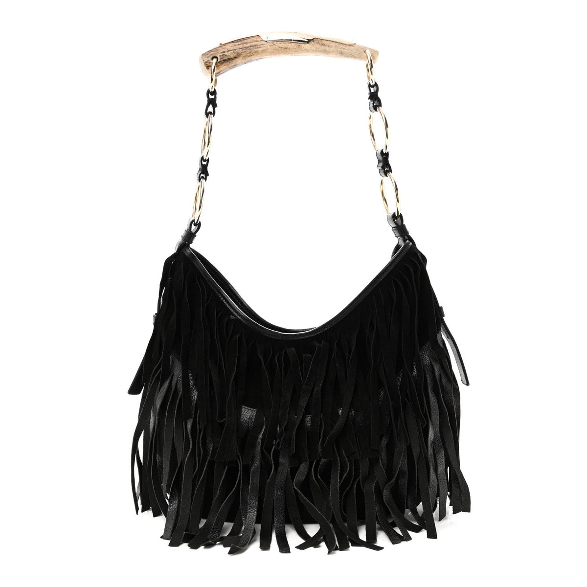 Suede Calfskin Fringe Buffalo Horn Mombasa Hobo Black