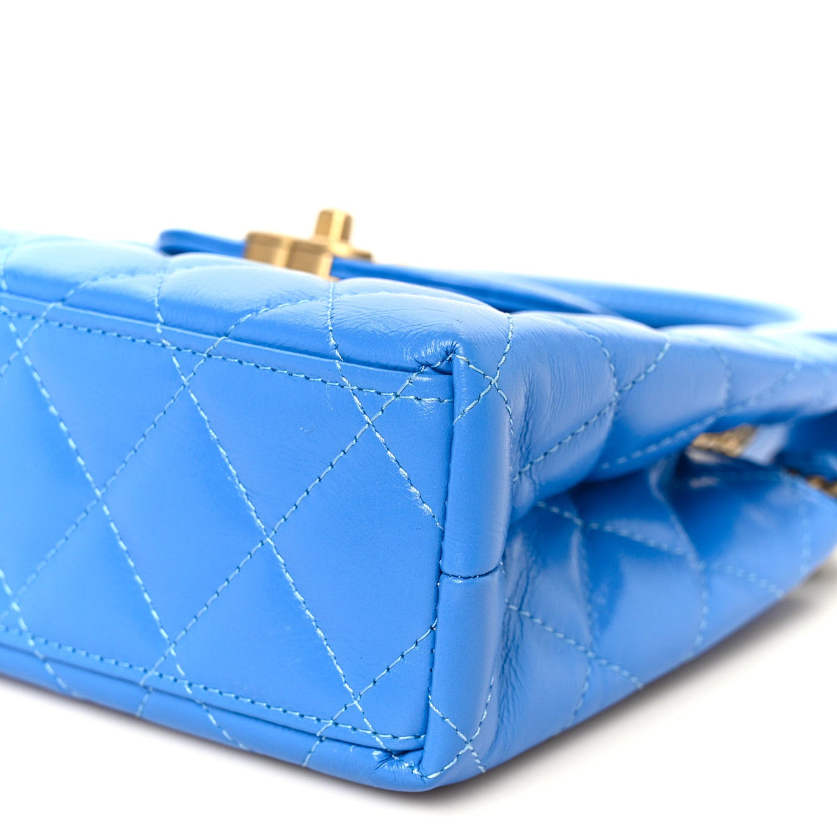 Shiny Aged Calfskin Quilted Nano Kelly Shopper Blue