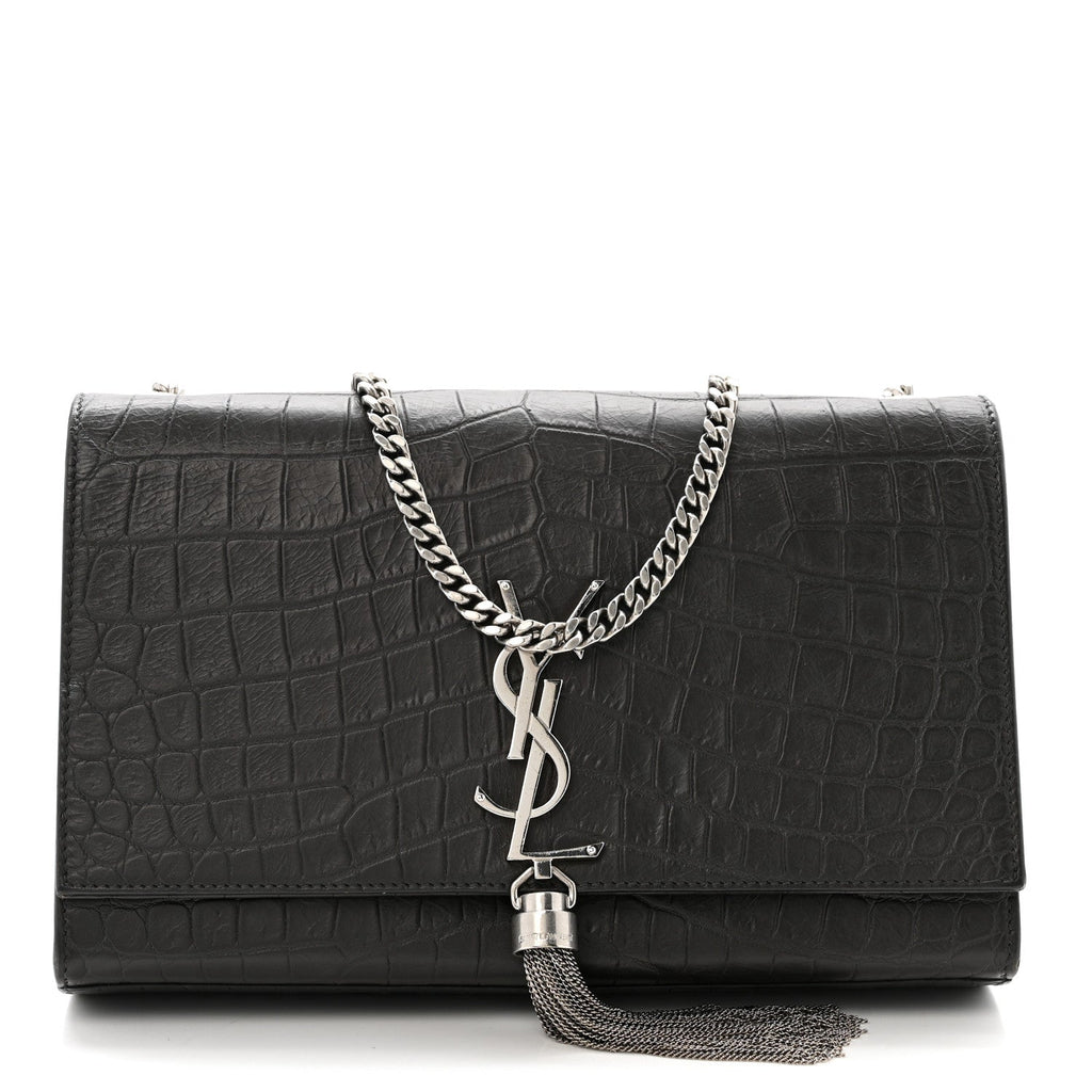Calfskin Crocodile Embossed Medium Classic Monogram Kate Tassel Satchel Storm