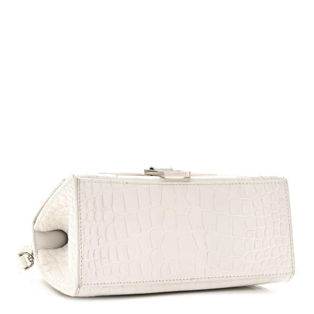 Calfskin Crocodile Embossed Small Hourglass Top Handle Bag White White