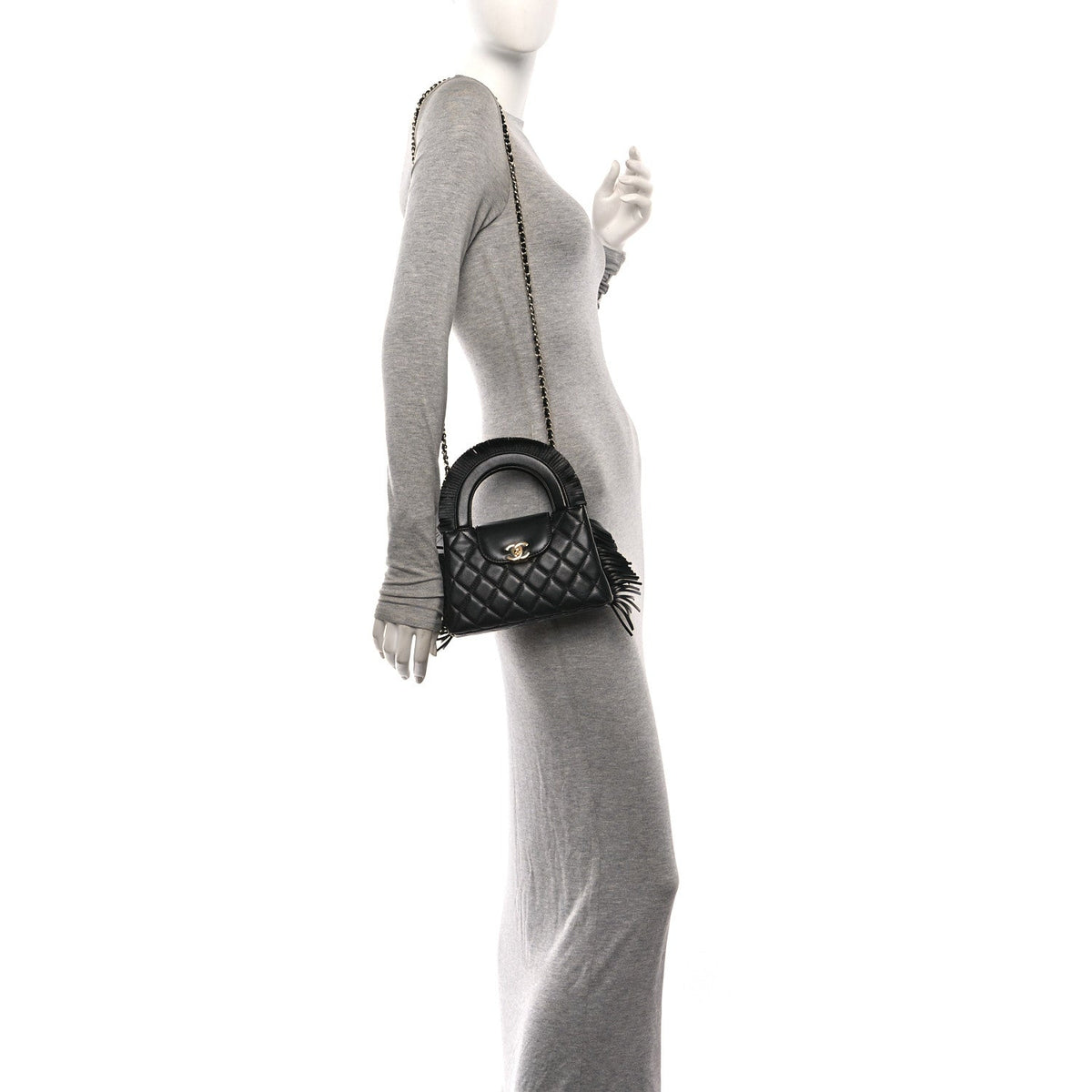 Lambskin Fringe Nano Kelly Shopper Black