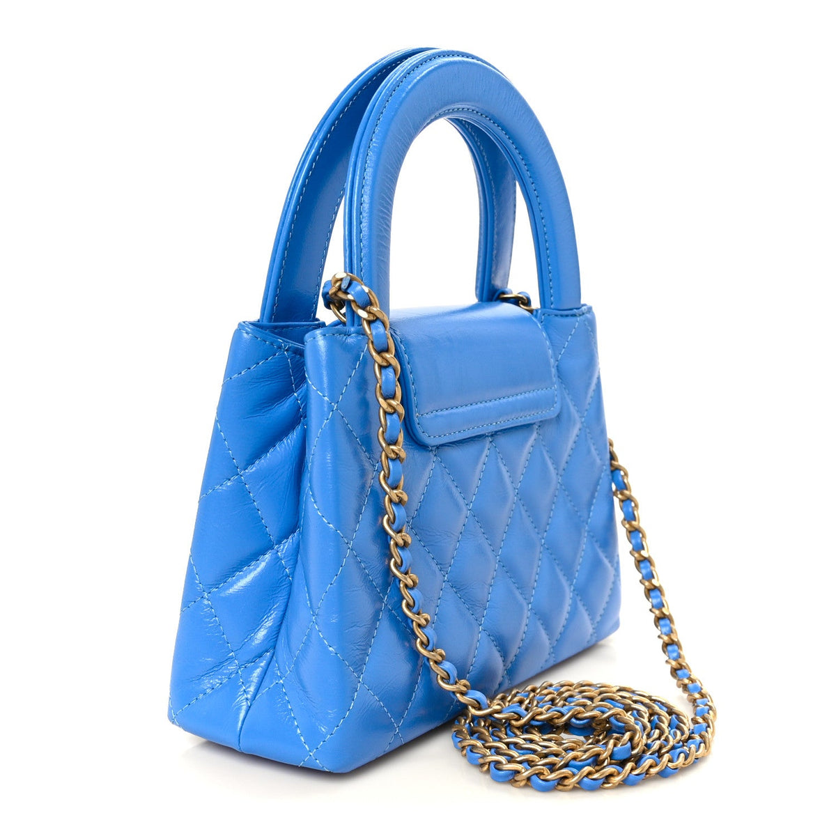 Shiny Aged Calfskin Quilted Nano Kelly Shopper Blue