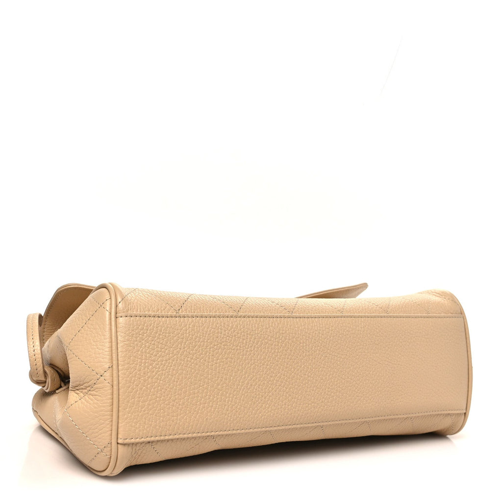 Grained Calfskin Stitched Urban Essentials Small Shopping Bag Beige