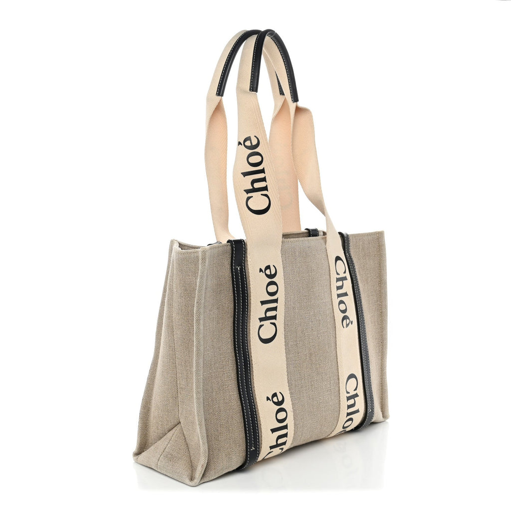 Linen Calfskin Medium Woody Ribbon Tote White Blue