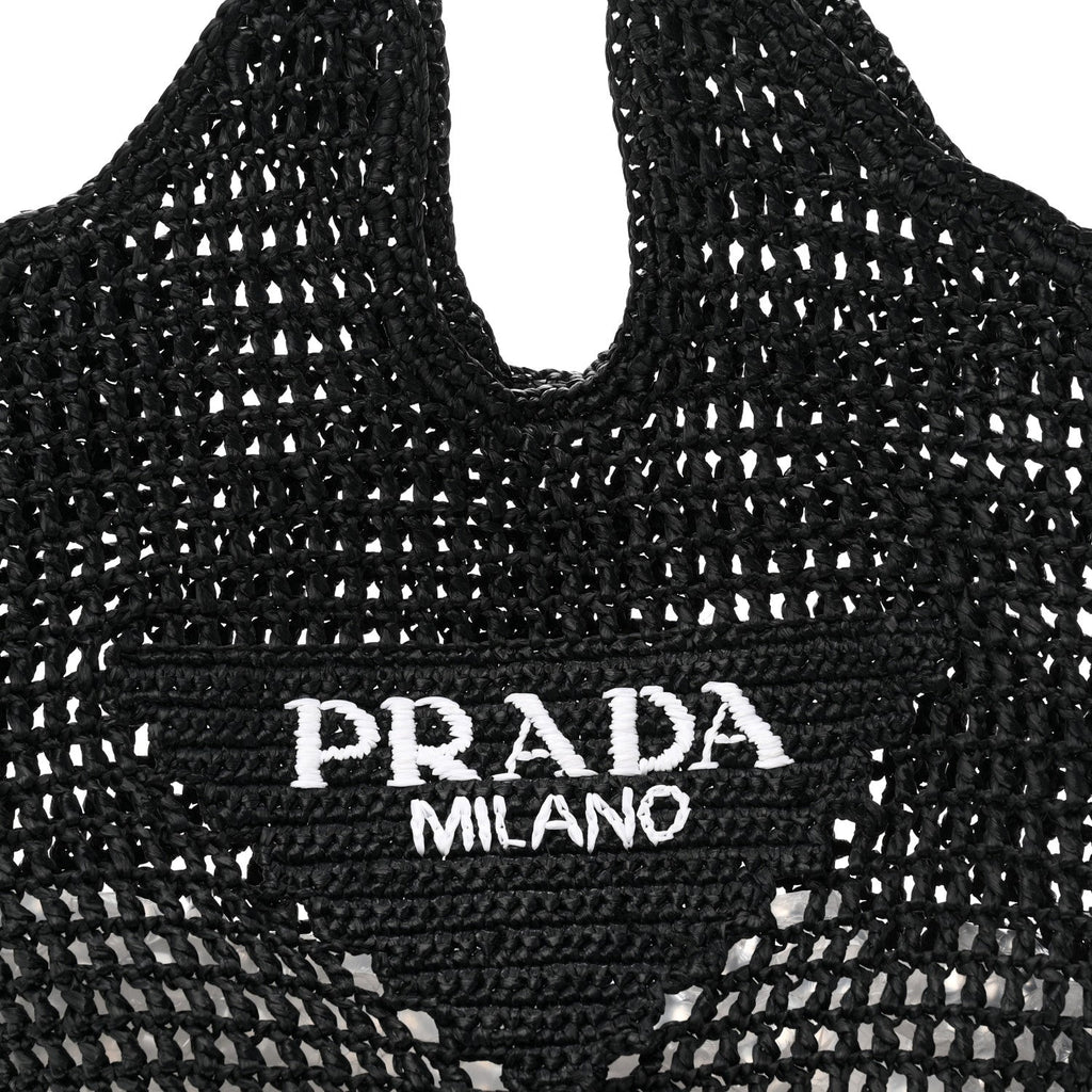 Yarn Raffia Effect Crochet Logo Embroidered Shopping Tote Bag Black