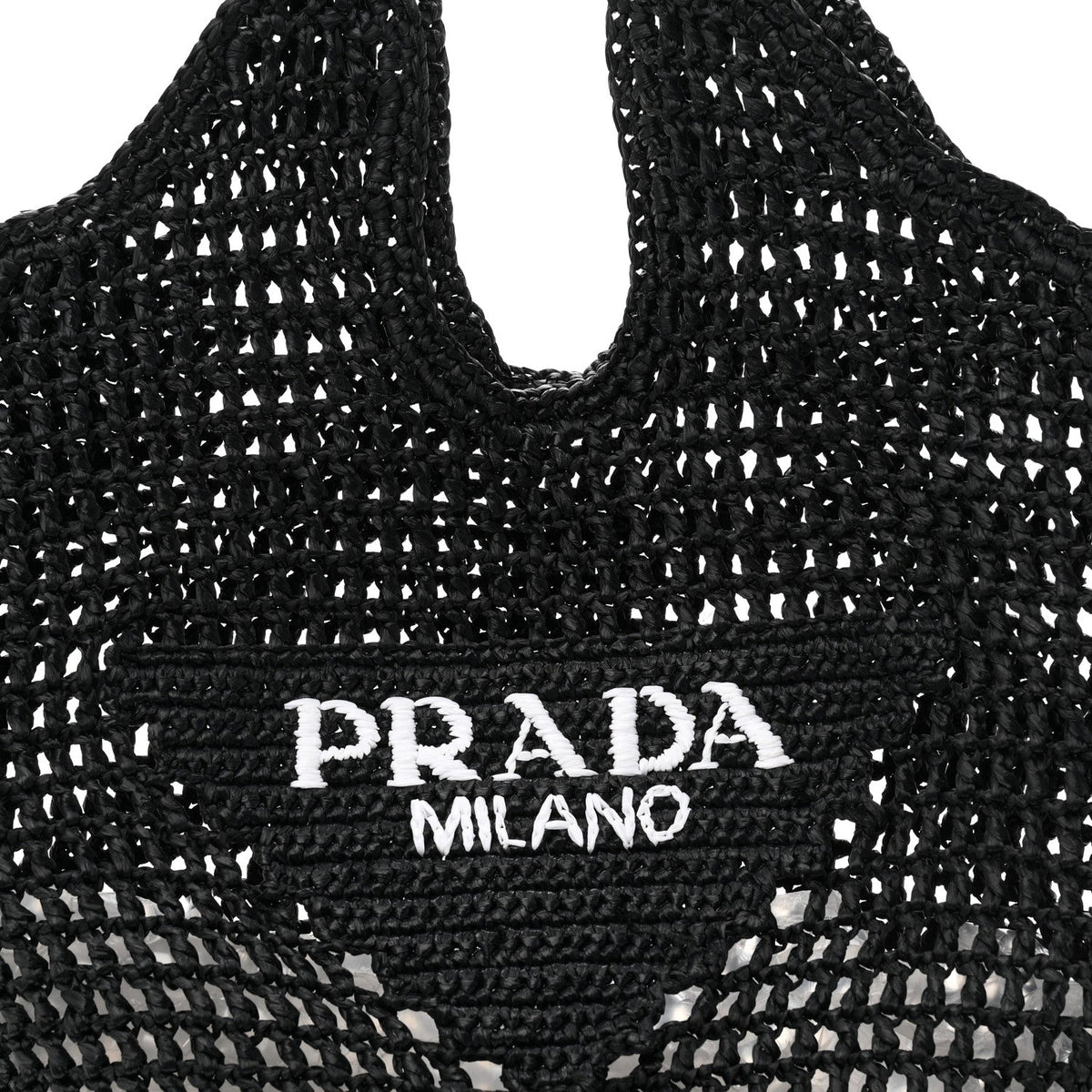 Yarn Raffia Effect Crochet Logo Embroidered Shopping Tote Bag Black