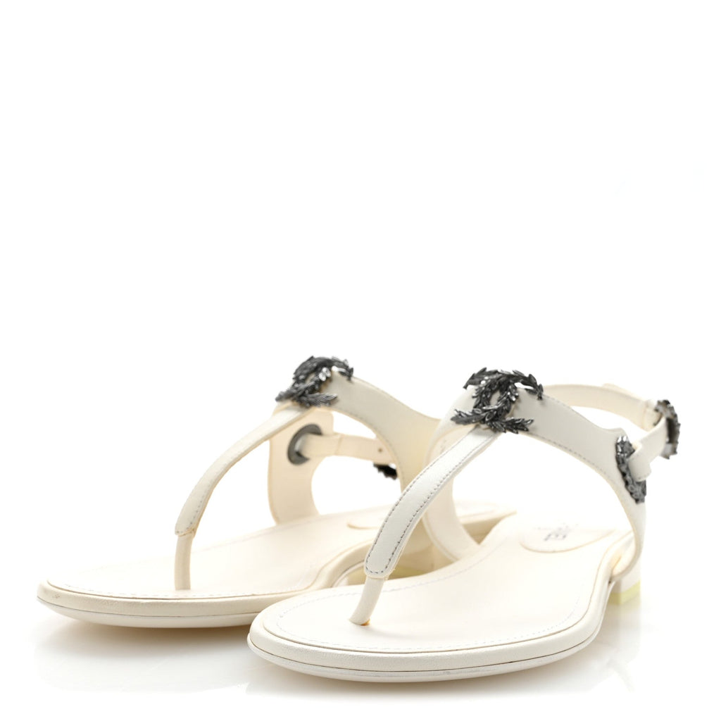 Lambskin CC Leaf Thong Sandals 36 White