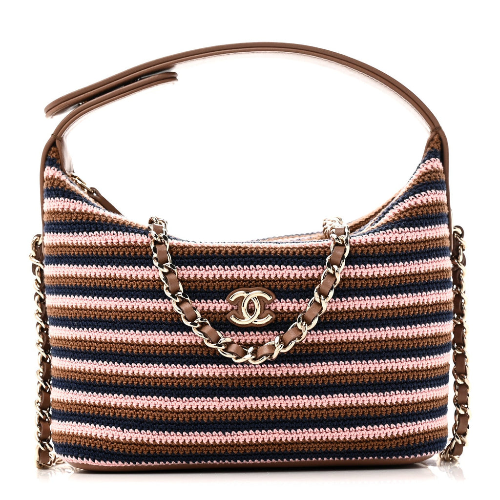 Crochet Lambskin Coco Crochet Hobo Clutch With Chain Brown Pink Navy