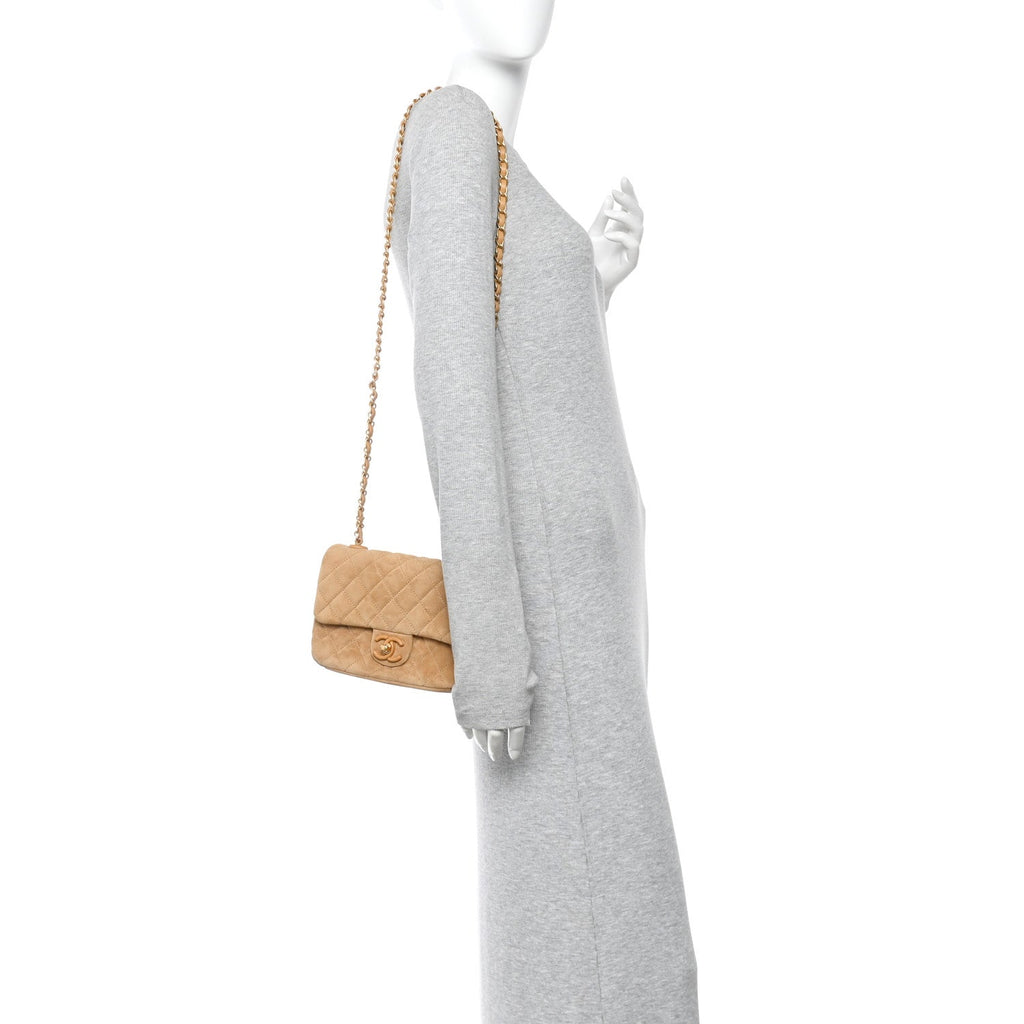 Suede Quilted Mini Flap Dark Beige