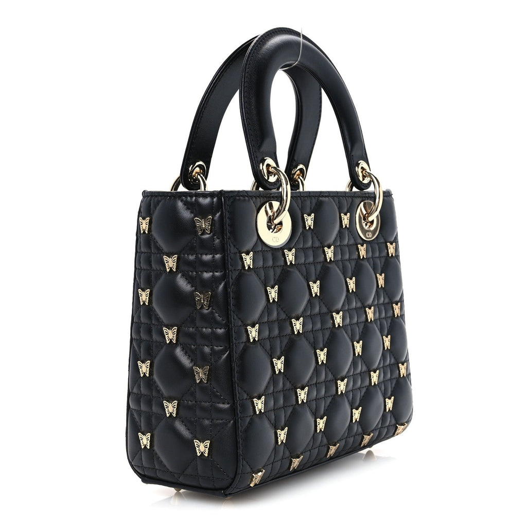 Lambskin Cannage Butterfly Studs Small Lady Dior Black