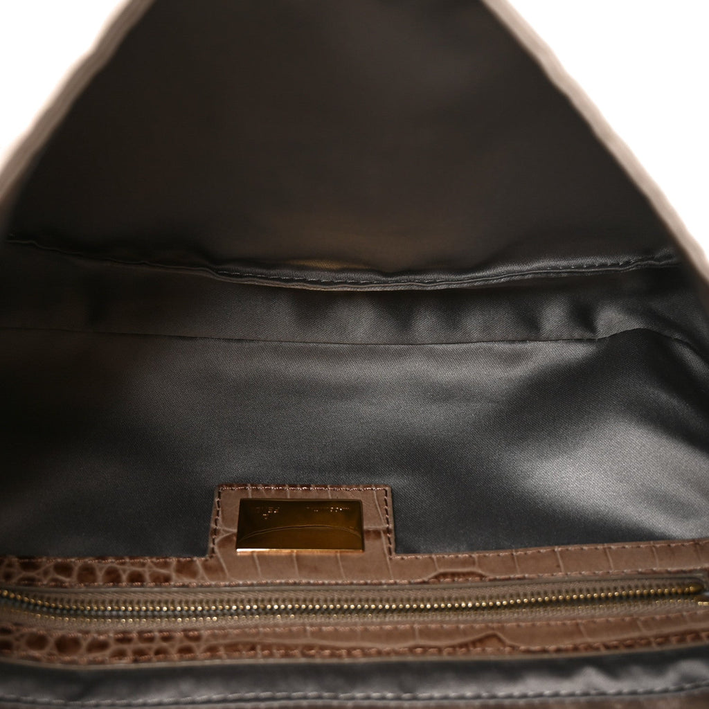 Satin Calfskin Crystal Crocodile Embossed Baguette Grey