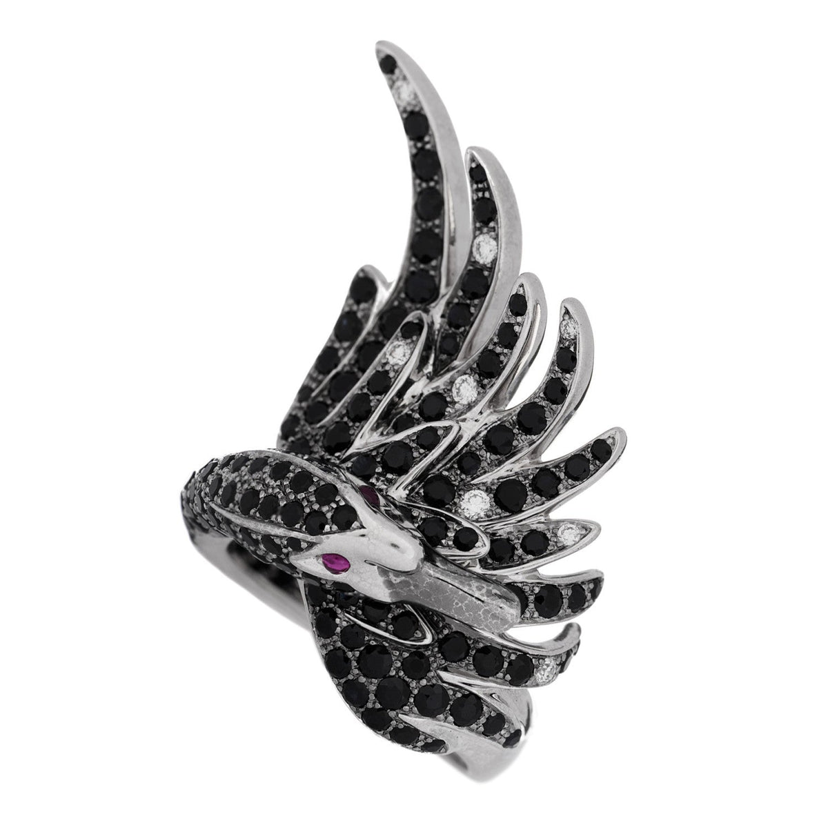 18K White Gold Diamond Black Sapphire Ruby Cypris Swan Ring 52 6