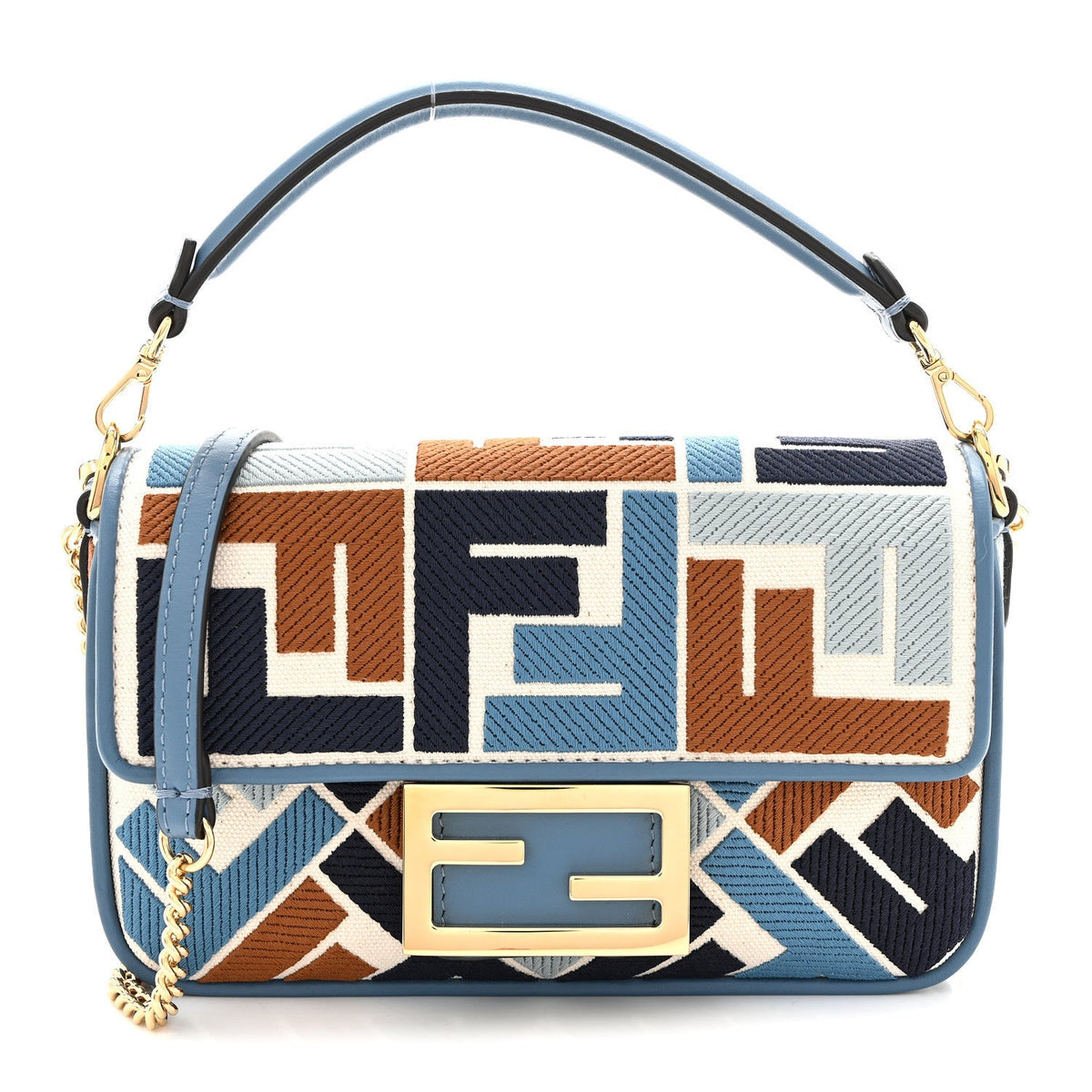 Canvas Vitello King Seta FF Embroidered Mini Baguette Blue Multicolor