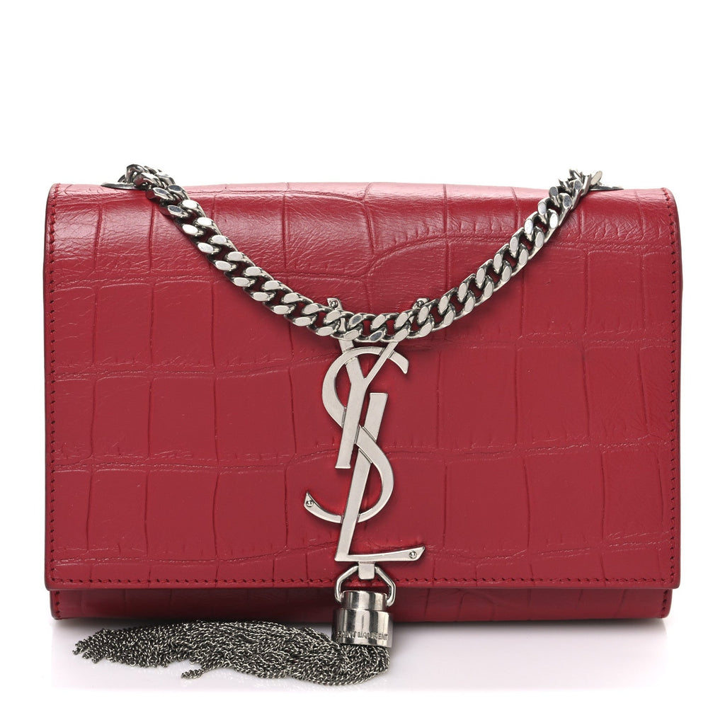 Calfskin Crocodile Embossed Small Classic Monogram Kate Tassel Satchel Red