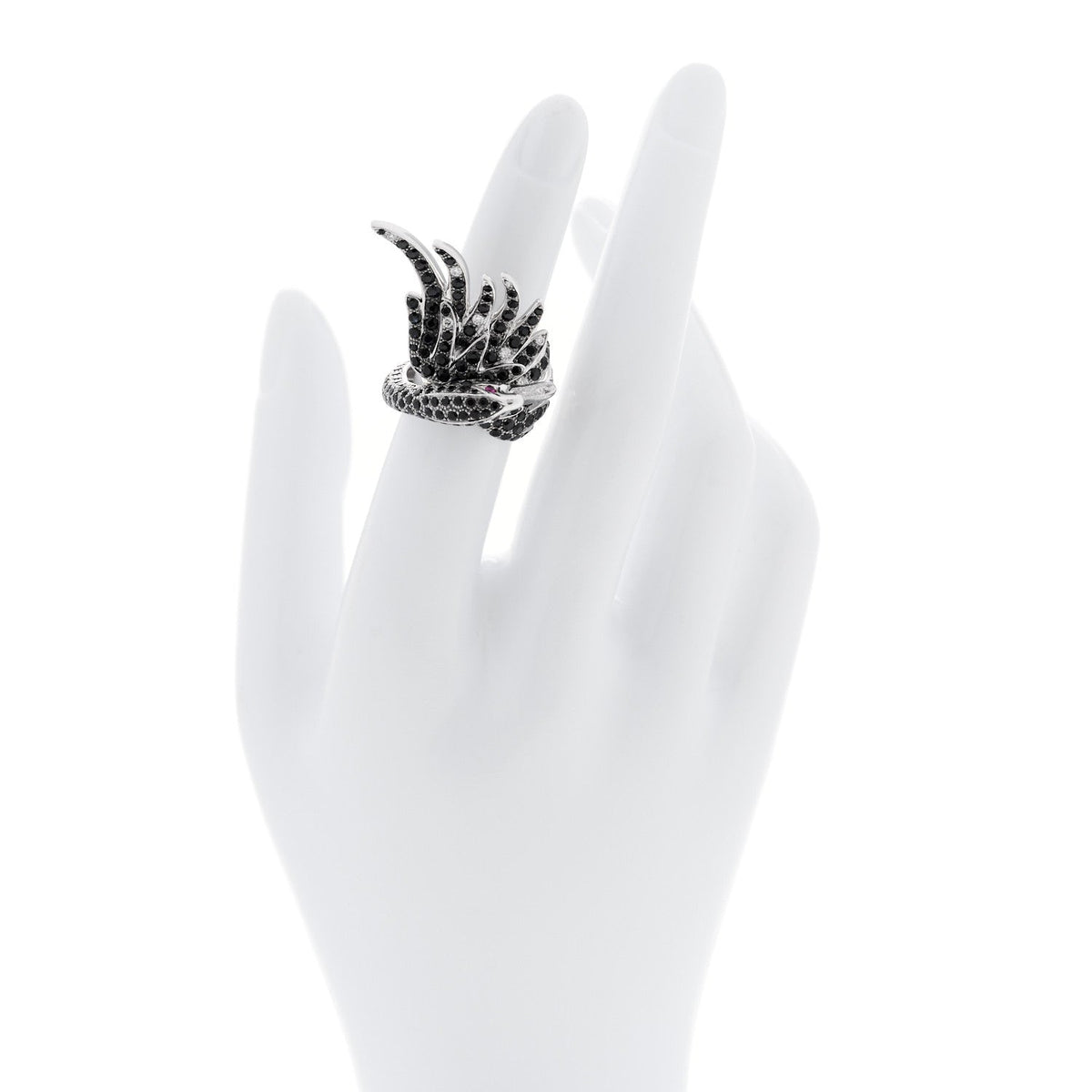 18K White Gold Diamond Black Sapphire Ruby Cypris Swan Ring 52 6