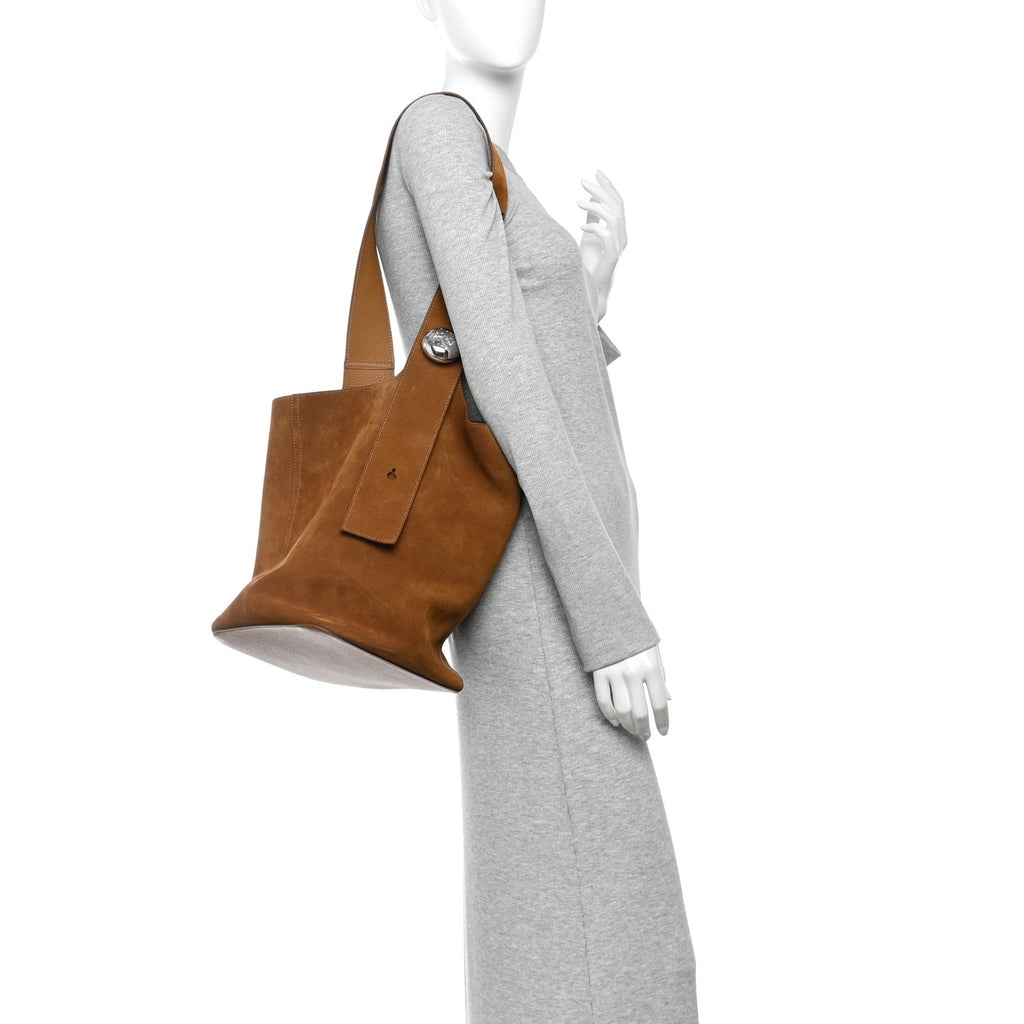 Suede Calfskin Medium Pebble Bucket Bag Tobacco