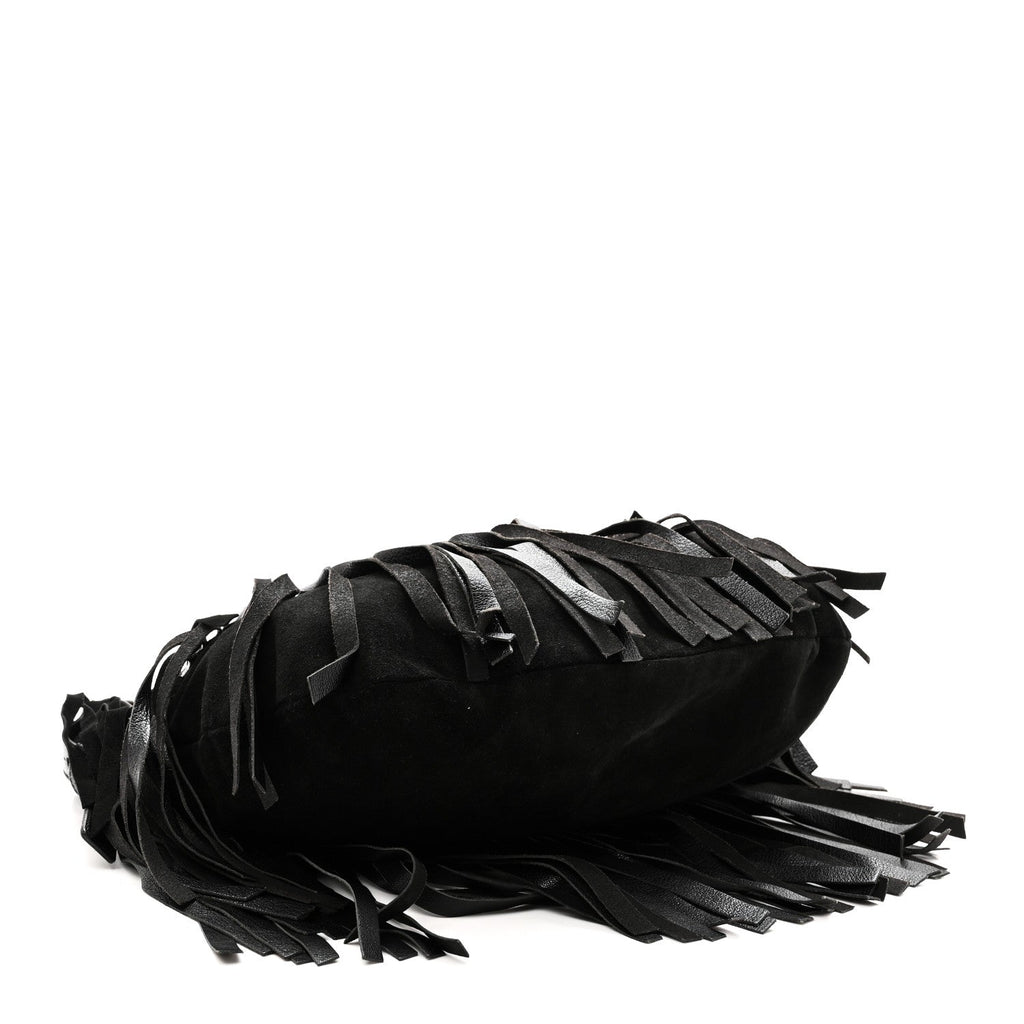 Suede Calfskin Fringe Buffalo Horn Mombasa Hobo Black