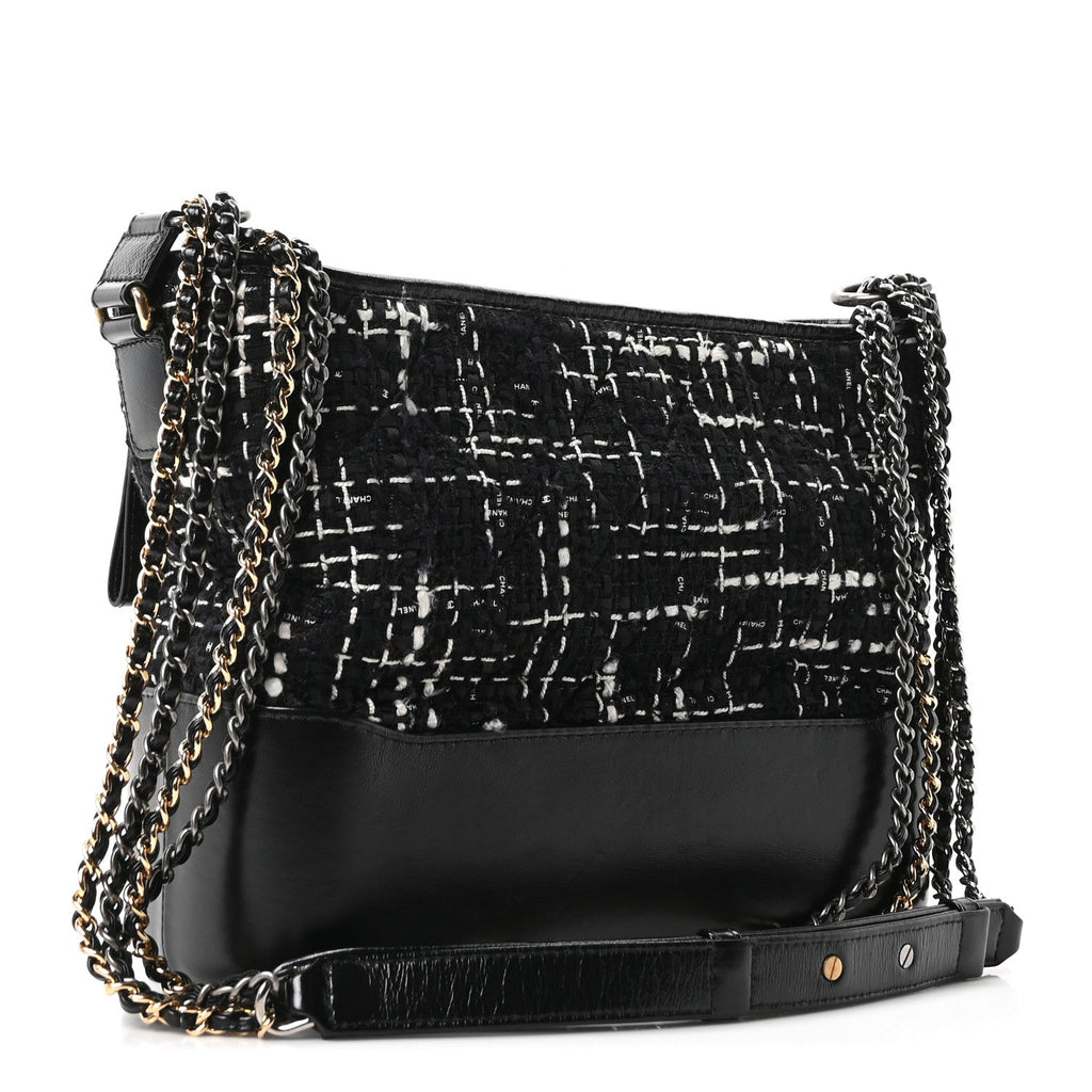 Tweed Calfskin Quilted Medium Gabrielle Hobo Black White