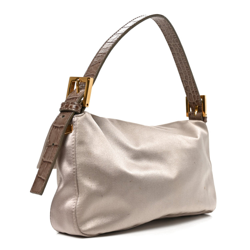 Satin Calfskin Crystal Crocodile Embossed Baguette Grey