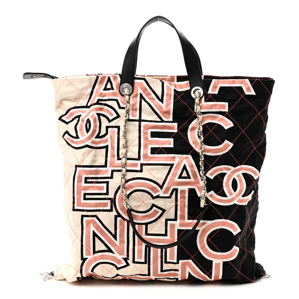 Nylon Stitched Printed Logo Shopping Bag Black White