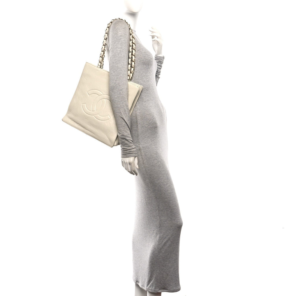 Shiny Aged Calfskin North South Shopping Bag White