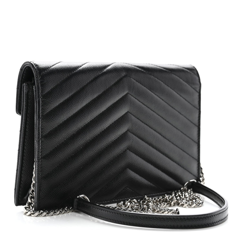 Grain De Poudre Matelasse Chevron Monogram Envelope Chain Wallet Black