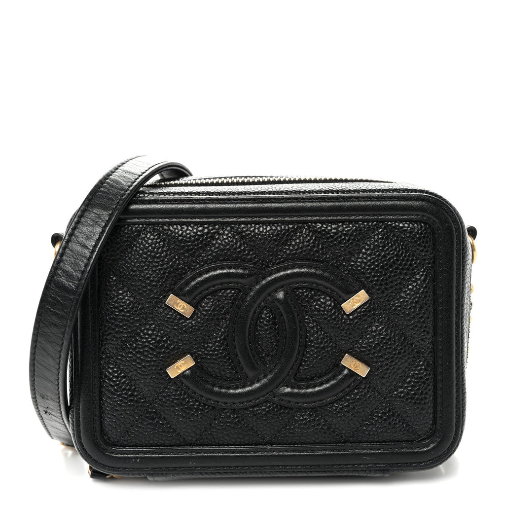 Caviar Quilted CC Filigree Vanity Clutch With Chain Black