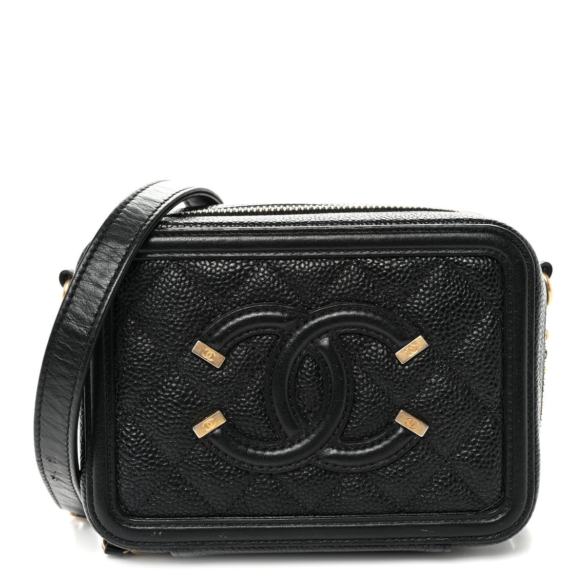 Caviar Quilted CC Filigree Vanity Clutch With Chain Black