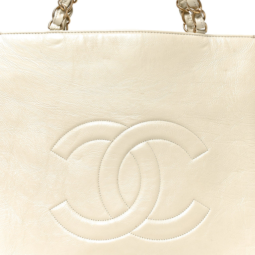 Shiny Aged Calfskin North South Shopping Bag White