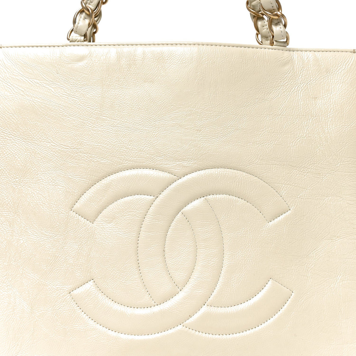 Shiny Aged Calfskin North South Shopping Bag White