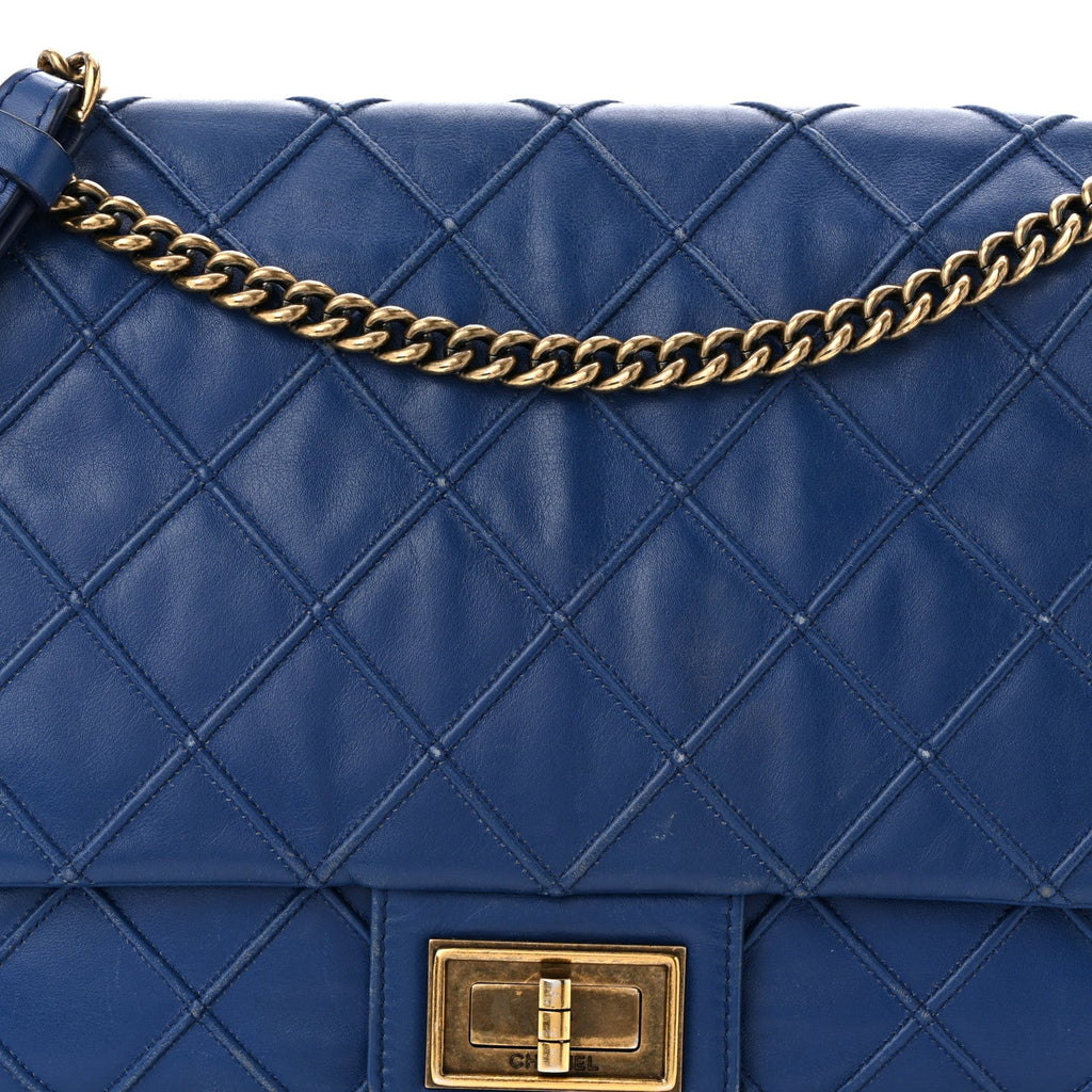 Calfskin Diamond Debossed Large Cosmos Flap Blue