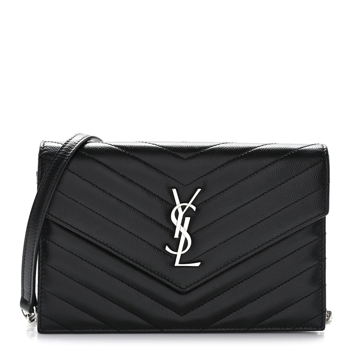 Grain De Poudre Matelasse Chevron Monogram Envelope Chain Wallet Black