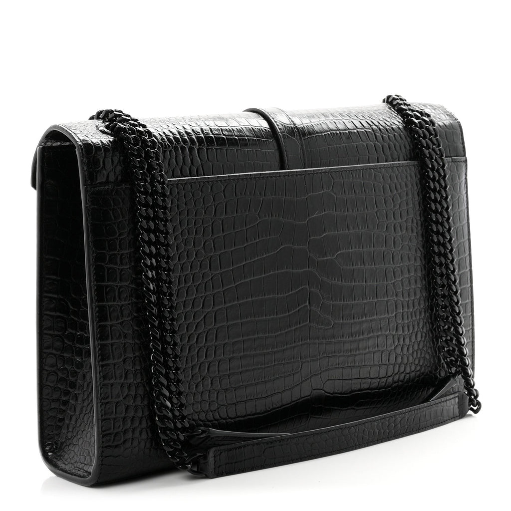 Calfskin Crocodile Embossed Monogram Large Satchel Black