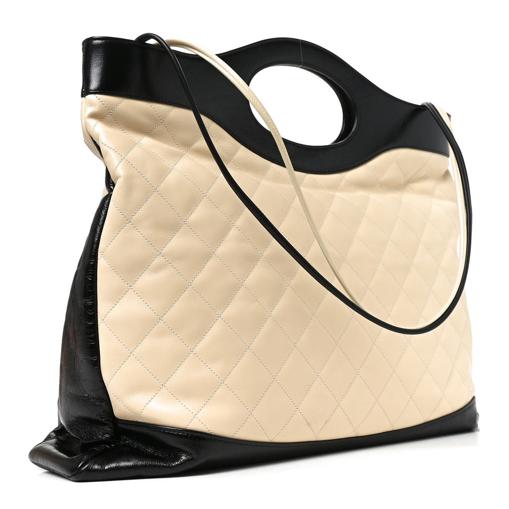 Aged Calfskin Quilted Large 31 Shopping Bag Beige Black Beige Black